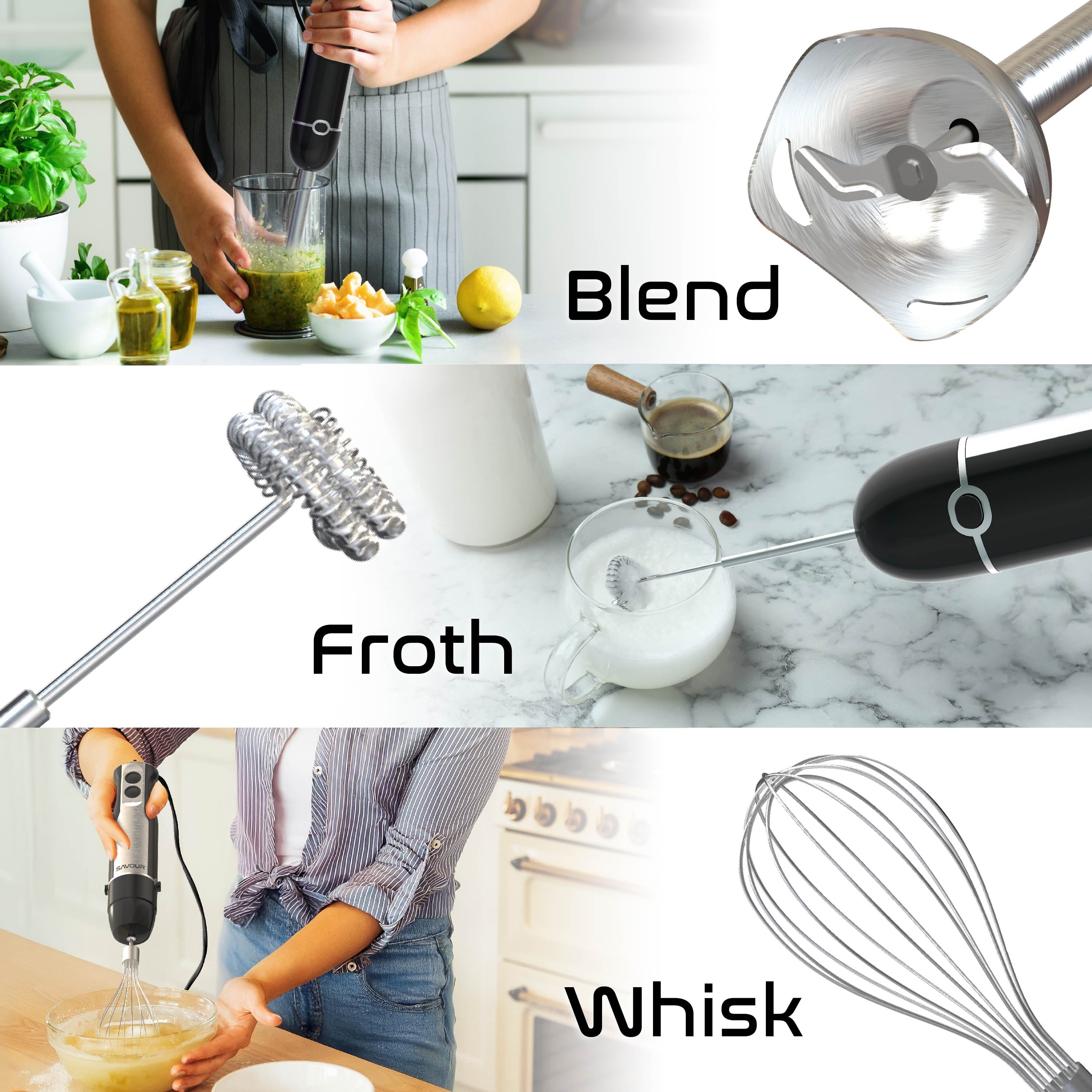 Portable Immersion Blender Set with 3 Attachments for Blender, Whisk and Frother, Black