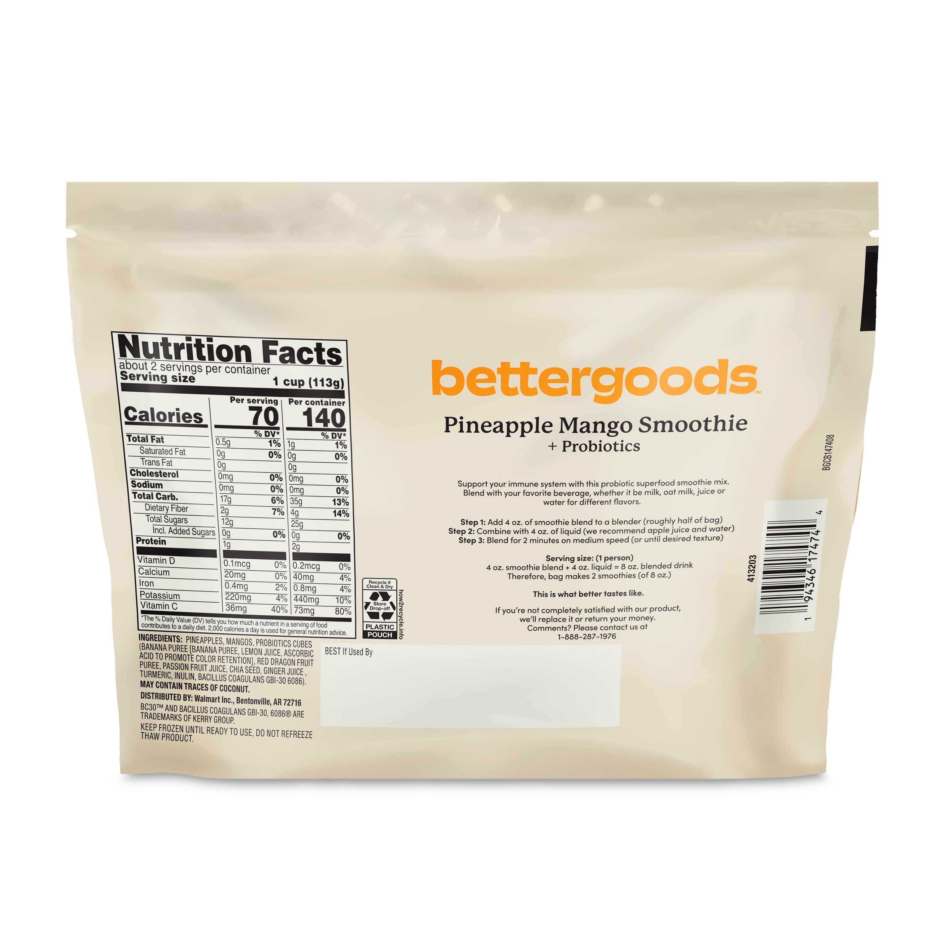 Pineapple Mango + Probiotics Smoothie Mix, 8 Oz (Frozen)