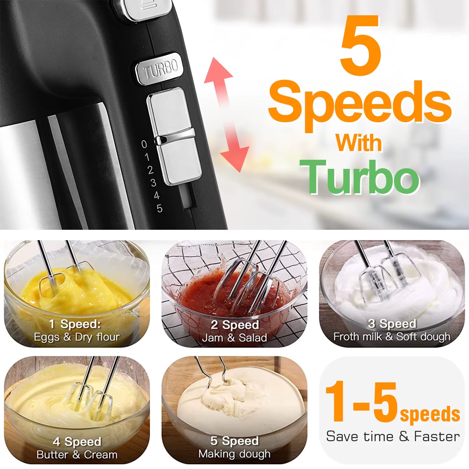 " Hand Mixer SF-7078 .Stainless Steel Mirror Bright Housing .Front Cover with LED Blue Indicator