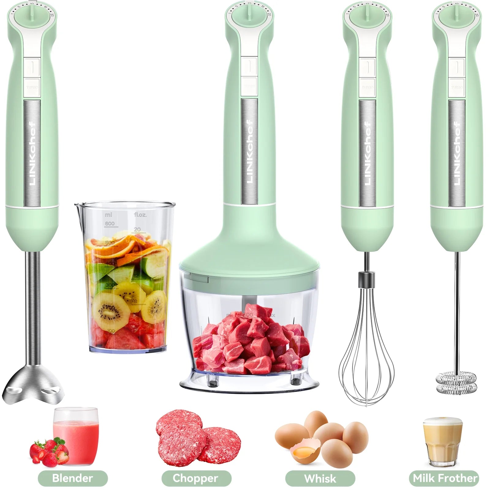 Immersion Blender, 20-Speed 1000W 5-In-1 Immersion Hand Blender, Stick Blender with Turbo Mode, Baby Food Processor with Chopper, Blender for Kitchen with 600Ml Beaker (Green)