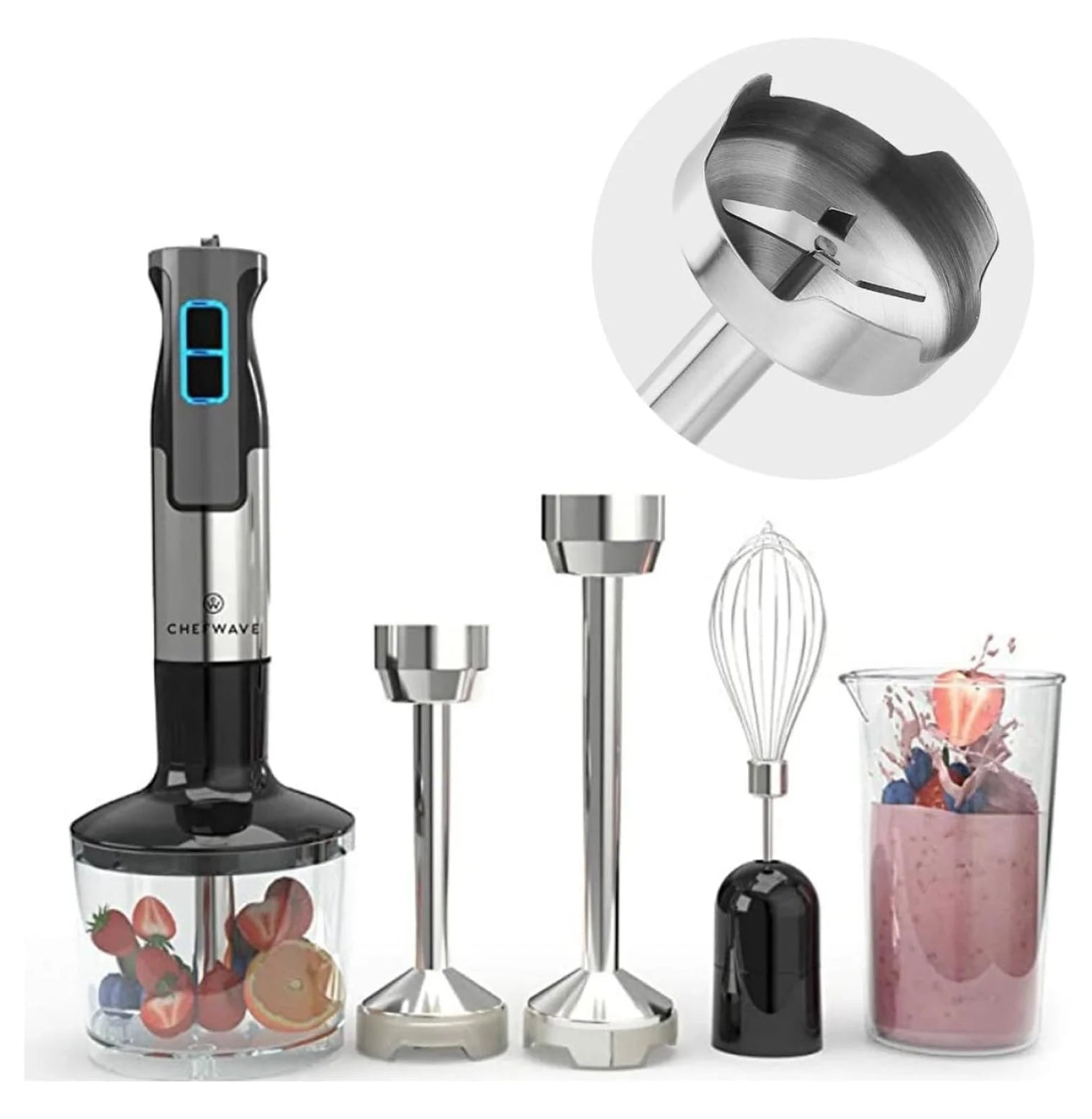 Intermix Immersion Blender Handheld, 500W 5-In-1 Multi-Purpose Hand Blender, 9-Speed Stick Blender, 20Oz Beaker, 20Oz Chopper, Egg Whisk, 6.3In & 8.5In Immersion Wands, Black