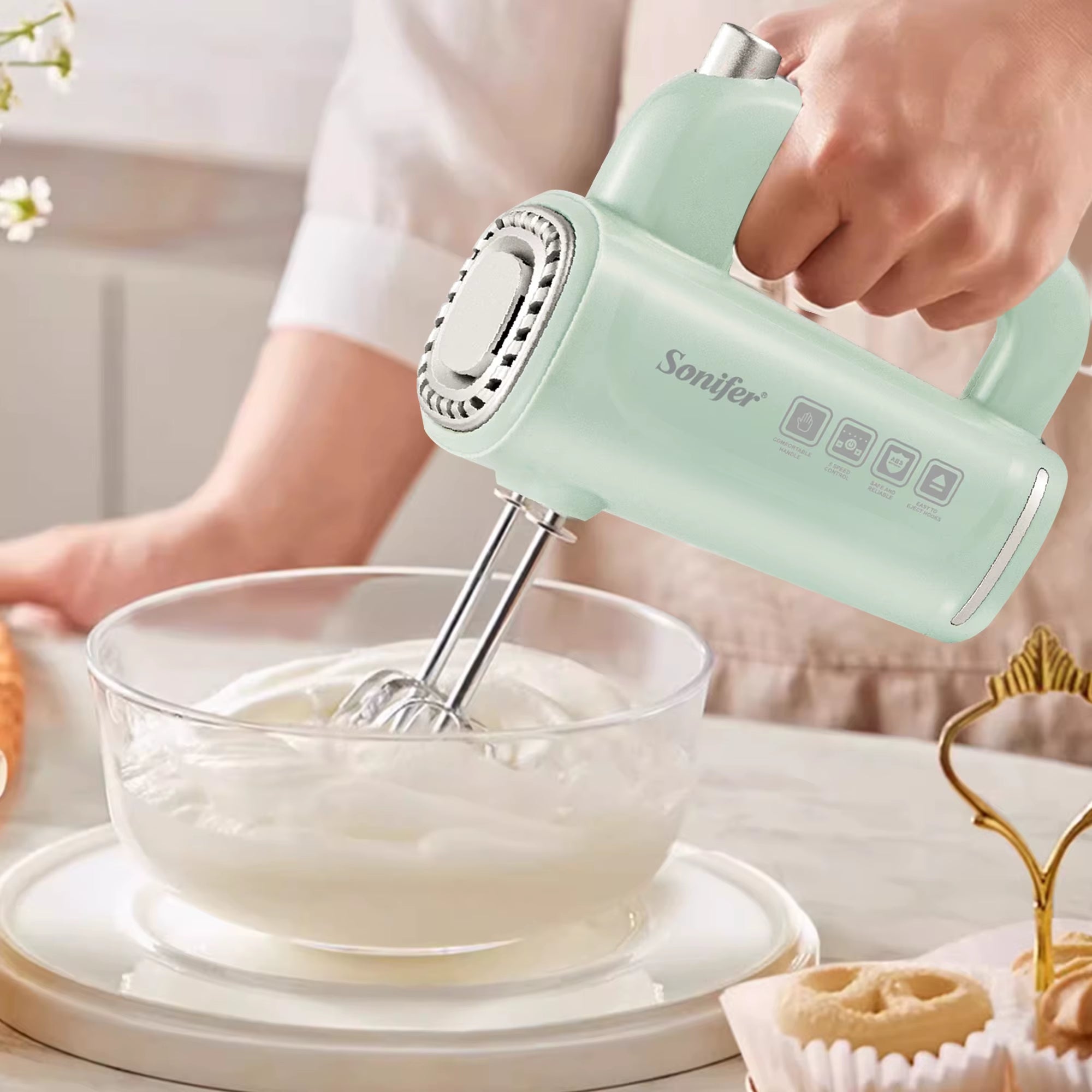 " Hand Mixer SF-7034 .Light Green Appearance, Fresh Color .New Food Grade High Strength ABS Materiel .5 Gears Sliding Adj
