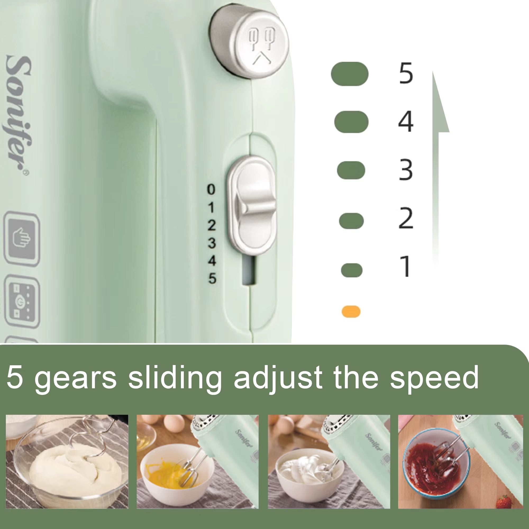 " Hand Mixer SF-7034 .Light Green Appearance, Fresh Color .New Food Grade High Strength ABS Materiel .5 Gears Sliding Adj