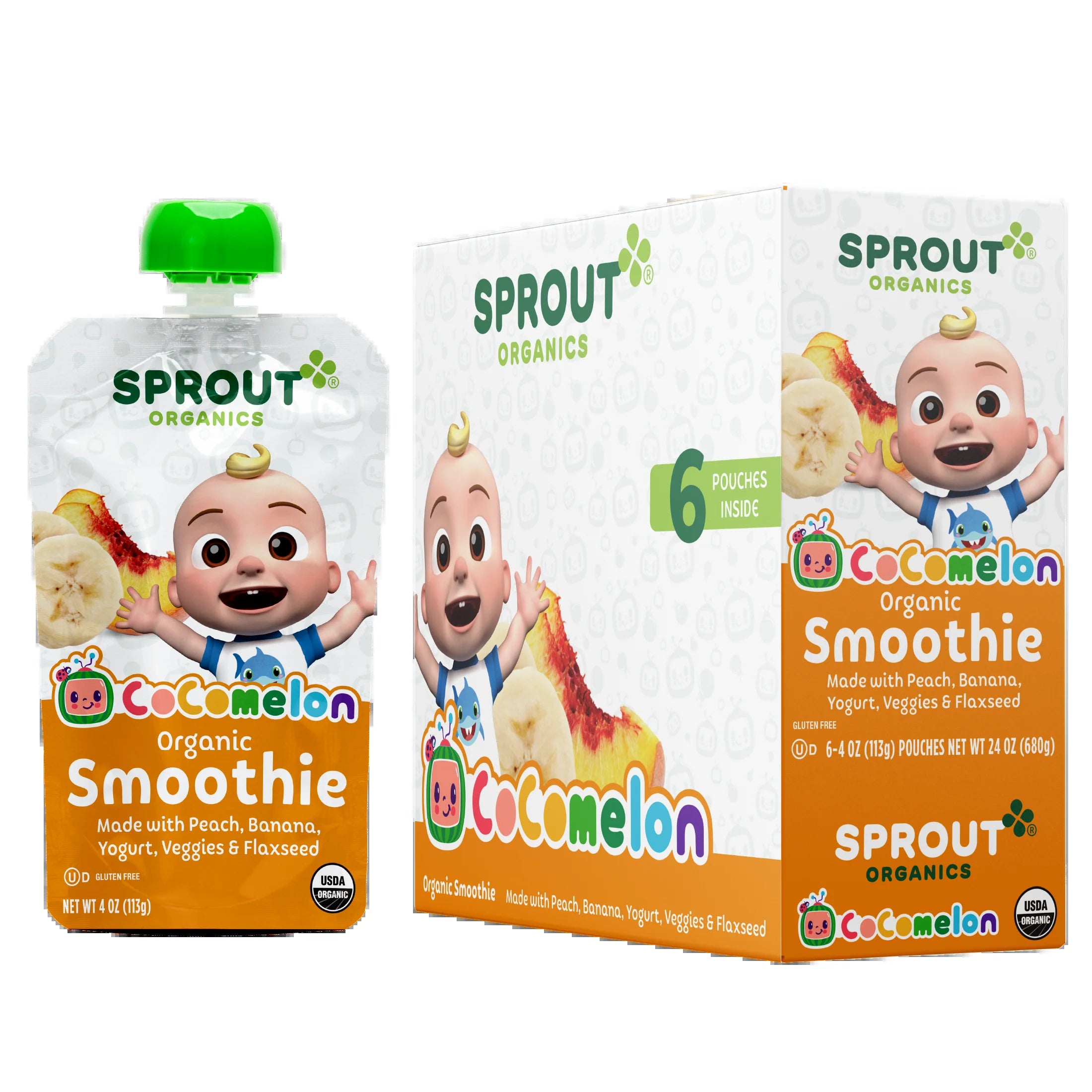 Cocomelon  Toddler Food, Organic Peach Banana Smoothie, 4 Oz Pouches (6 Pack)