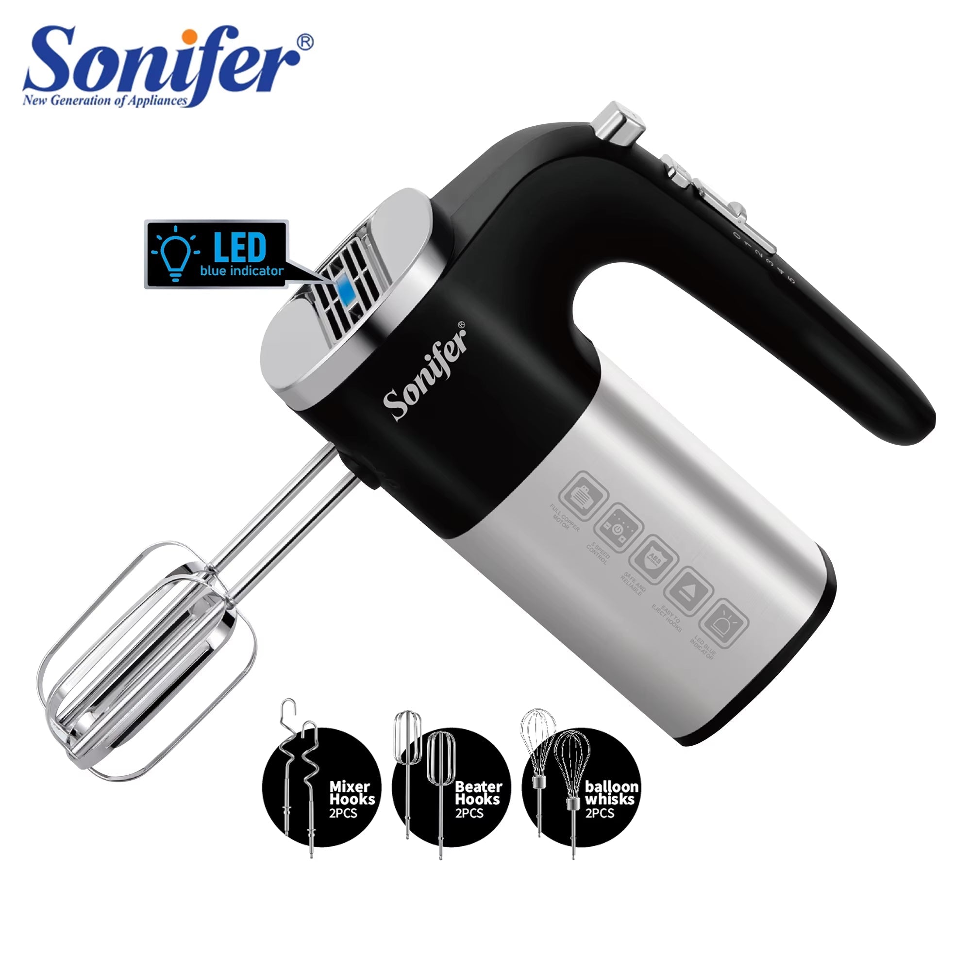 " Hand Mixer SF-7078 .Stainless Steel Mirror Bright Housing .Front Cover with LED Blue Indicator