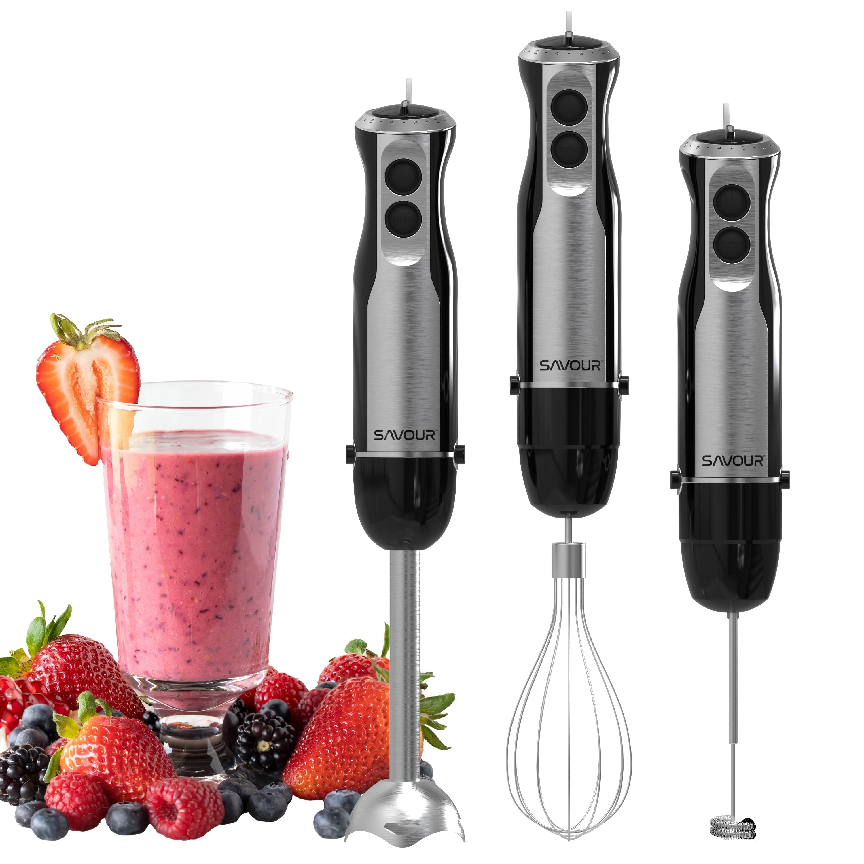 Portable Immersion Blender Set with 3 Attachments for Blender, Whisk and Frother, Black