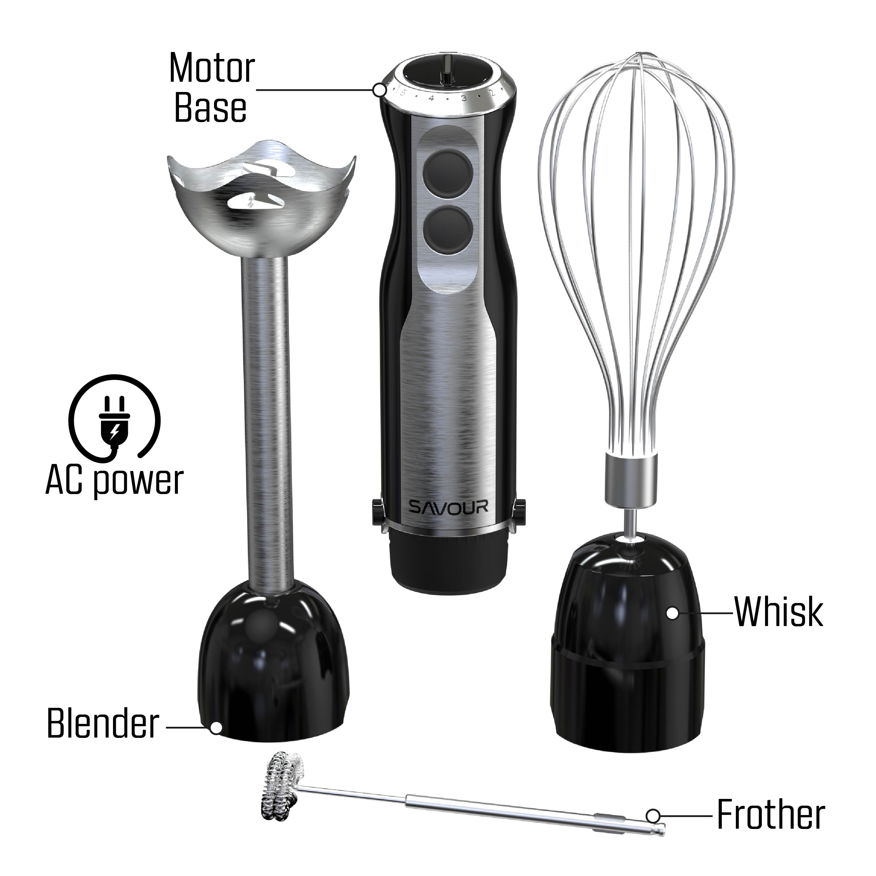 Portable Immersion Blender Set with 3 Attachments for Blender, Whisk and Frother, Black