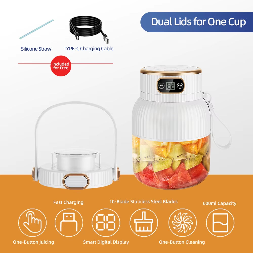 Portable Juicer Cup, Multifunctional Portable Juicer with Digital Display USB Rechargeable Electric Blender for /Home/Travel